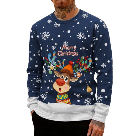 HUAXUN-Men's Christmas Reindeer Print Hoodless Sweatshirt - Heavyweight Crewneck Pullover Long Sleeve Casual Streetwear Top with Festive Design for Holiday Season(C-Navy,S)