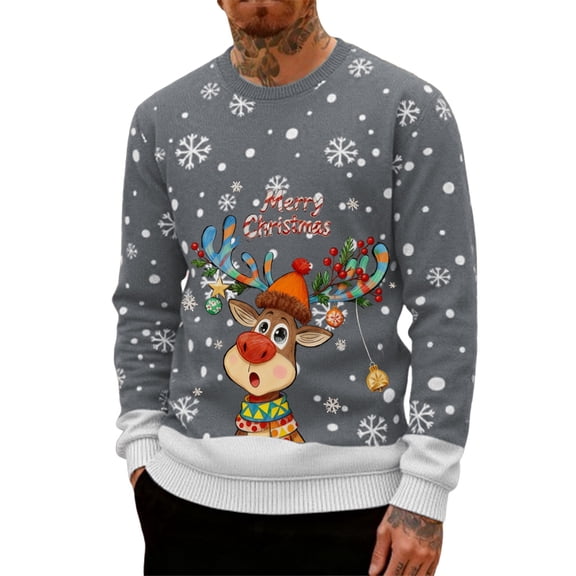 HUAXUN-Men's Christmas Reindeer Print Hoodless Sweatshirt - Heavyweight Crewneck Pullover Long Sleeve Casual Streetwear Top with Festive Design for Holiday Season(C-Grey,XL)