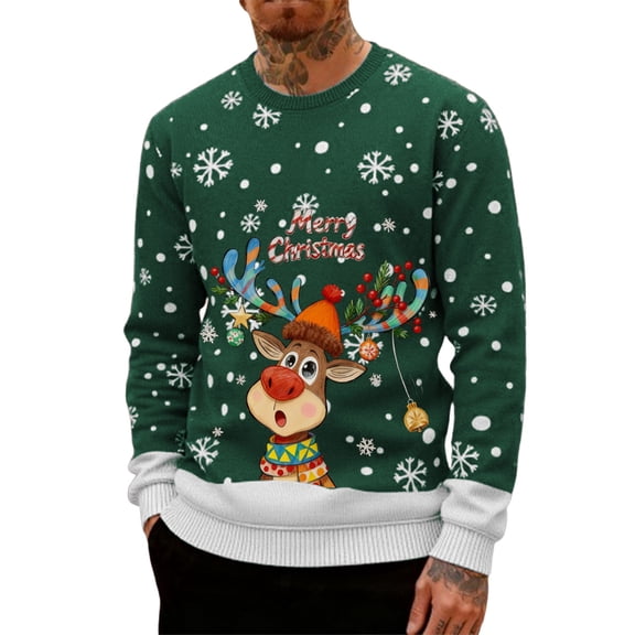 HUAXUN-Men's Christmas Reindeer Print Hoodless Sweatshirt - Heavyweight Crewneck Pullover Long Sleeve Casual Streetwear Top with Festive Design for Holiday Season(C-Green,XL)