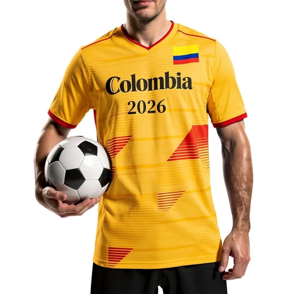 HUAXUN Men’s Colombia 2026 Football Shirt, Short Sleeve V-Neck Sports Top, Casual Team Fan Tee with National Flag Print, Breathable Athletic Apparel,M-4XL (#001 Yellow,L)