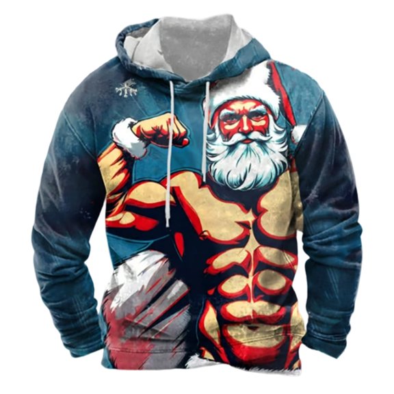 HUAXUN-Men's Winter Christmas Print Hoodie - Festive Holiday Design with Cozy Lining for Cold Weather, Comfortable and Stylish Sweatshirt for Celebrations(B-Blue,S)