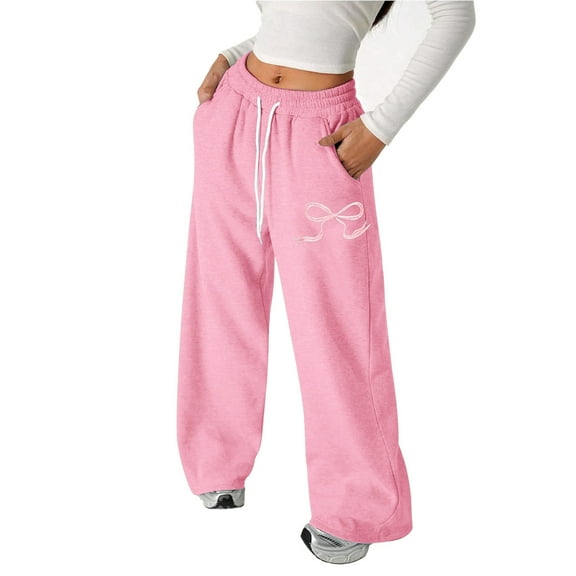 HUAXUN-Style A-Girls Bow Drawstring Baggy Sweatpants,Lightweight Straight Leg Athletic with Pockets Casual Sweatpants,Elastic Waist Playful Comfort Pants for School(Pink,12-13Years)