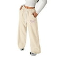 thumbnail image 1 of HUAXUN-Style E-Girls Bow Drawstring Baggy Sweatpants,Lightweight Straight Leg Athletic with Pockets Casual Sweatpants,Elastic Waist Playful Comfort Pants for School(Beige,6-7Years), 1 of 5