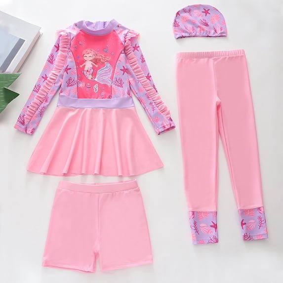 HUAXUN Swimsuit for Girls 4 Piece Swim Set,Long Sleeve Rash Guard Top & Detachable Long/Short Swim Pants with Cap, UPF Sun Protective Swimwear(Pink2,10-12 Years)