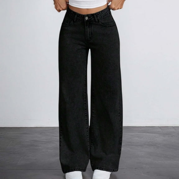 HUAXUN-Teen Girls High Waisted Flared Jeans | Embroidered Back Pocket Clean Denim | Wide Leg Stretch Soft Pants | 11-16 Years Casual Snowflake Wash Jeans(Black,11-12Years)