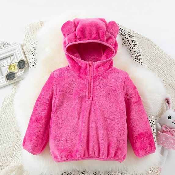 HUAXUN-Toddler Bear Ears Baby Hoodie | Winter Warm Flannel Coat for Boys & Girls 1-6 Years | Soft Long Sleeve Outerwear with Cute Ears | Casual Baby Sweatshirt(Hot Pink,4-5 Years)