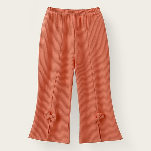 HUAXUN-Toddler Girls Ribbed Knit Flare Pants with Bow Detail - Stretchy Soft Casual Trousers for Baby Comfortable Playwear Everyday Outfits(Orange,4-5Years)