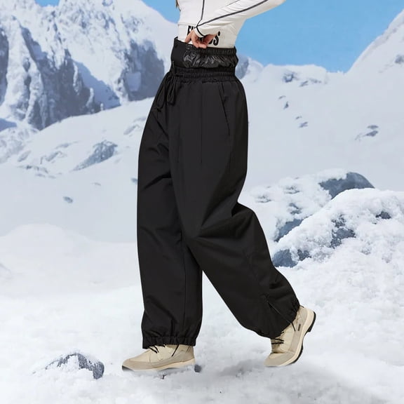 HUAXUN-Unisex Thermal Insulated Softshell baggy Ski Pants - Hiking Trekking Pants with Adjustable Drawstring for Men and Women,Snowboard Pants Snowboarding & Outdoor Winter Activities(Black,L)