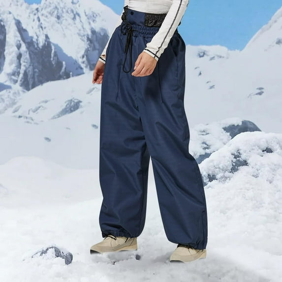 HUAXUN-Unisex Thermal Insulated Softshell baggy Ski Pants - Hiking Trekking Pants with Adjustable Drawstring for Men and Women,Snowboard Pants Snowboarding & Outdoor Winter Activities(Navy,S)