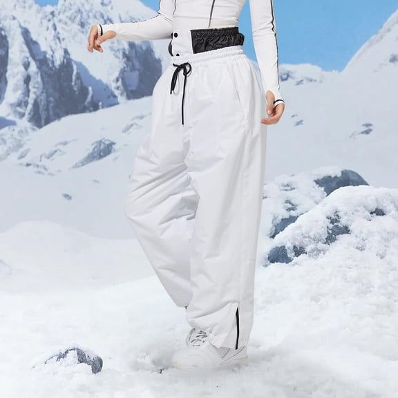 HUAXUN-Unisex Thermal Insulated Softshell baggy Ski Pants - Hiking Trekking Pants with Adjustable Drawstring for Men and Women,Snowboard Pants Snowboarding & Outdoor Winter Activities(White,S)