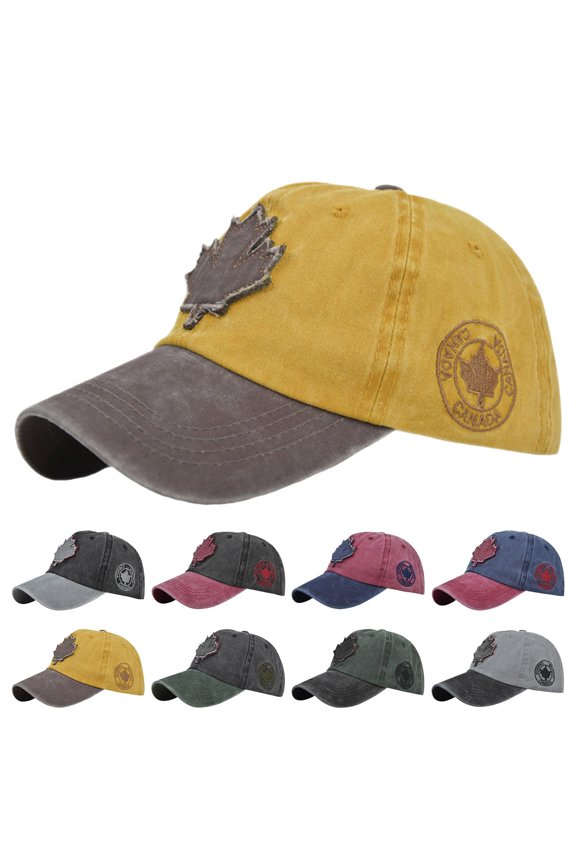 Unisex Washed Two Tone Maple Appliqué Patch Curved Brim Adjustable Rear Weathered Sun Block Casual Head Cap Multiple Tone Combinations (Coffee,One Size)