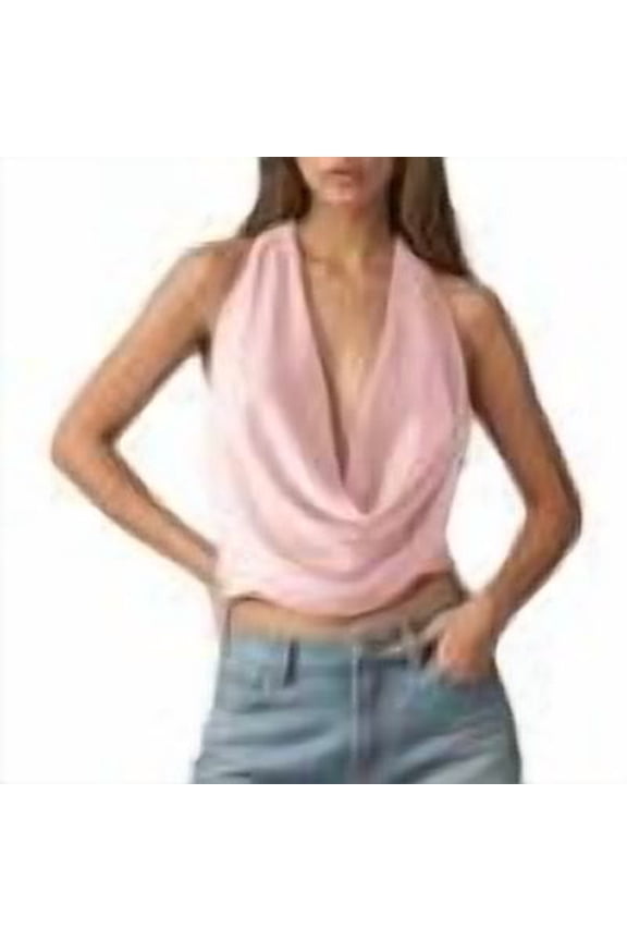 -Women Sequin Halter Cowl Neck Top Sleeveless Open Back Deep V Neck Sparkly Glitter Crop Top- Crisscross Strap Camisole with Adjustable Tie, Sparkling Party & Casual Blouse(Pink,M)