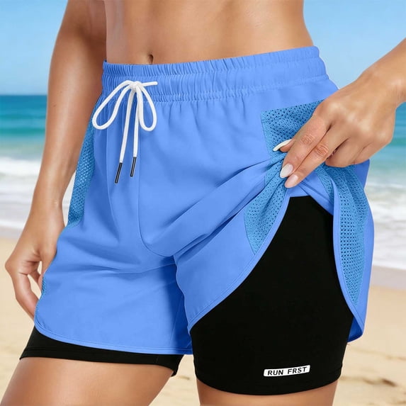 HUAXUN Women's Athletic Running Shorts 2 in 1 Gym Running Shorts Drawstring Elastic Compression Liner Workout Athletic Shorts Breathable(Blue,XL)