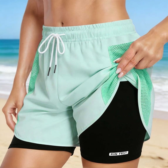 HUAXUN Women's Athletic Running Shorts 2 in 1 Gym Running Shorts Drawstring Elastic Compression Liner Workout Athletic Shorts Breathable(Green,S)