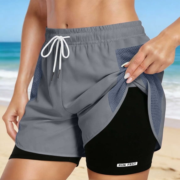 HUAXUN Women's Athletic Running Shorts 2 in 1 Gym Running Shorts Drawstring Elastic Compression Liner Workout Athletic Shorts Breathable(Grey,XS)