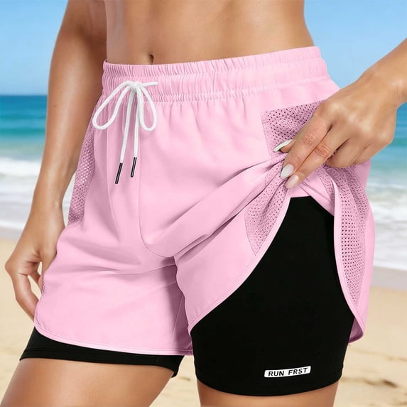 HUAXUN Women's Athletic Running Shorts 2 in 1 Gym Running Shorts Drawstring Elastic Compression Liner Workout Athletic Shorts Breathable(Pink,S)