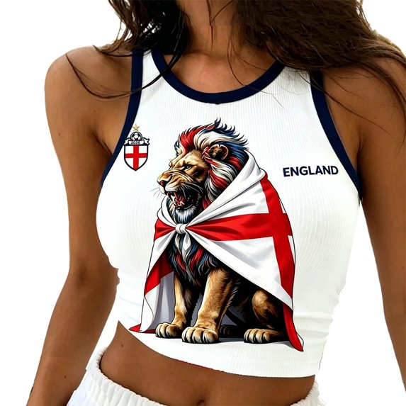 HUAXUN Women’s England Themed Crop Tank Top, Sleeveless Ribbed Top with Flag Print, Casual Form-Fitting Fan Wear, Breathable Summer Apparel, M-2XL (#017 White,S)
