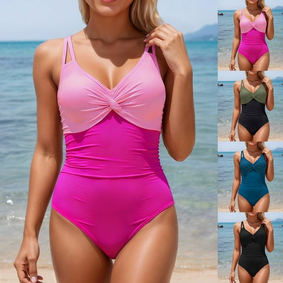 HUAXUN Womens Swimsuits One Piece Front Crisscross V Neck Ruched Bathing Suit Tummy Control Modest Swim Suits(Hot Pink,S)