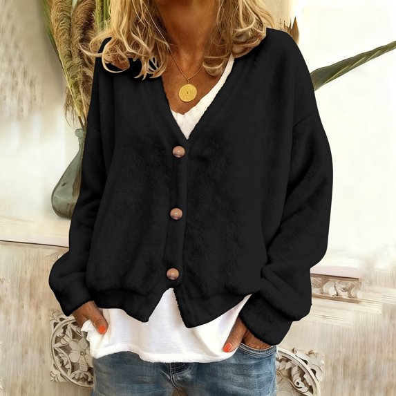 HUAXUN-Womens V Neck Button Down Cardigan, Fall Winter Long Sleeve Open Front Knit Sweater, Loose Fit Casual Outwear Coat,Cardigan Sweaters for Women(Black,L)