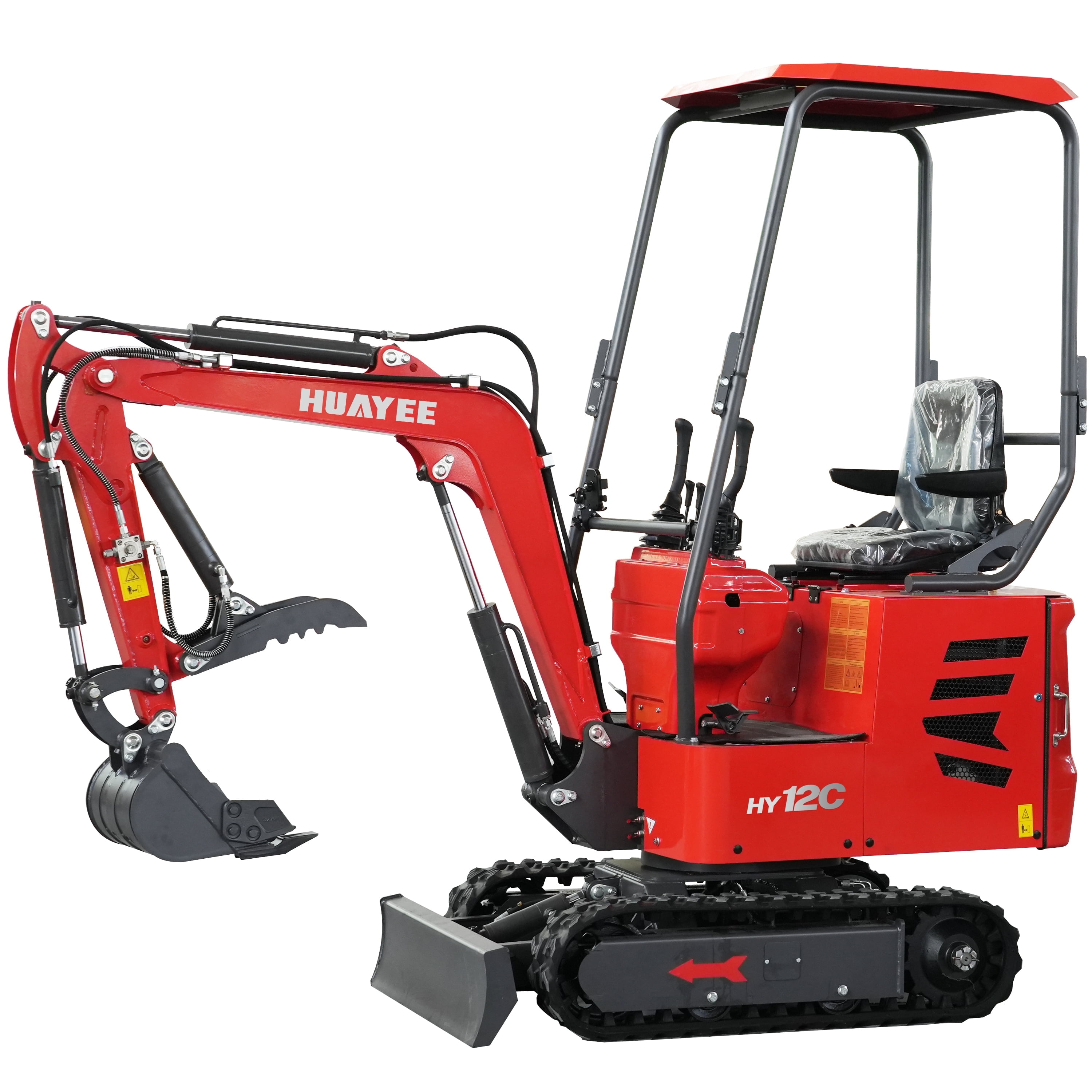 HUAYEE 1.2 Ton Cab Version Mini Excavator With Auger - HY12C, with 13.5 HP Gasoline Engine, Thumb Clamps, Hydraulic Cooler, New in stock in USA.