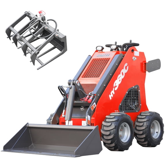 HUAYEE HY360C Mini Skid Steer Loader 13.5HP B&S Gas Engine - Wheeled, Stand-On, Dual Pump Dual Valve - w/ Log Grapple & Delivery/Unloading Included