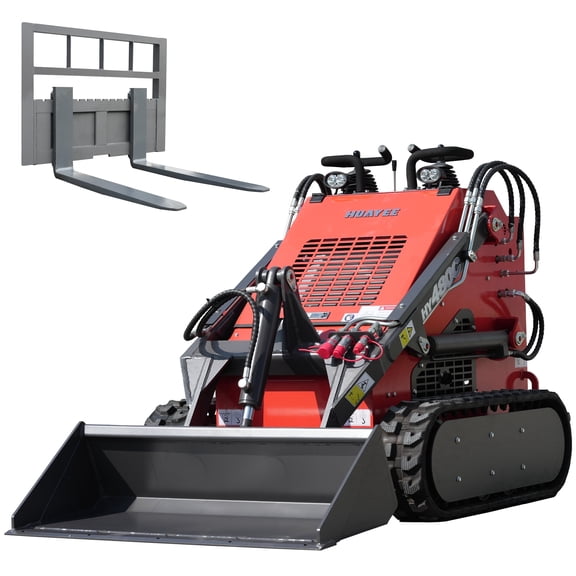 HUAYEE Mini Skid Steer Loader, 23HP V-Twin Gas Engine, Tracked, Stand-On, Triple Pump Triple Valve, with Pallet Forks