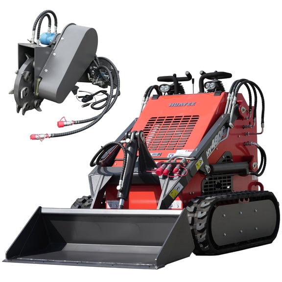 HUAYEE HY480C Mini Skid Steer Loader 23HP V-Twin Gas Engine - Tracked, Stand-On, Triple Pump Triple Valve - wIth Swinging Stump Grinder & Delivery/Unloading Included