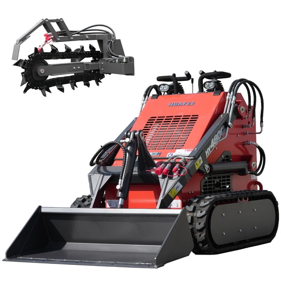 HUAYEE HY480C Mini Skid Steer Loader 23HP V-Twin Gas Engine - Tracked, Stand-On, Triple Pump Triple Valve - w/ Trencher Attachment & Delivery/Unloading Included