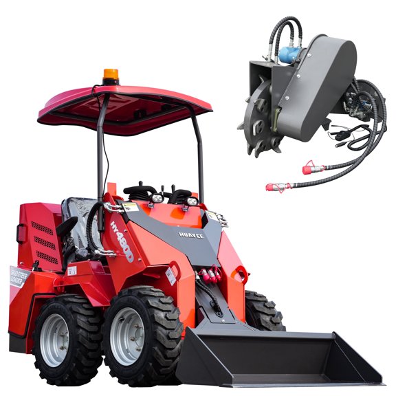 HUAYEE HY480D Mini Skid Steer Loader 23HP V-Twin Gas Engine - Wheeled, Sit-Down, Triple Pump Triple Valve - w/ Swinging Stump Grinder & Delivery/Unloading Included