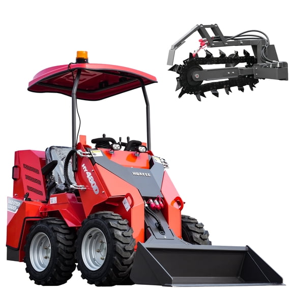 HUAYEE HY480D Mini Skid Steer Loader 23HP V-Twin Gas Engine - Wheeled, Sit-Down, Triple Pump Triple Valve - w/ Trencher Attachment & Delivery/Unloading Included