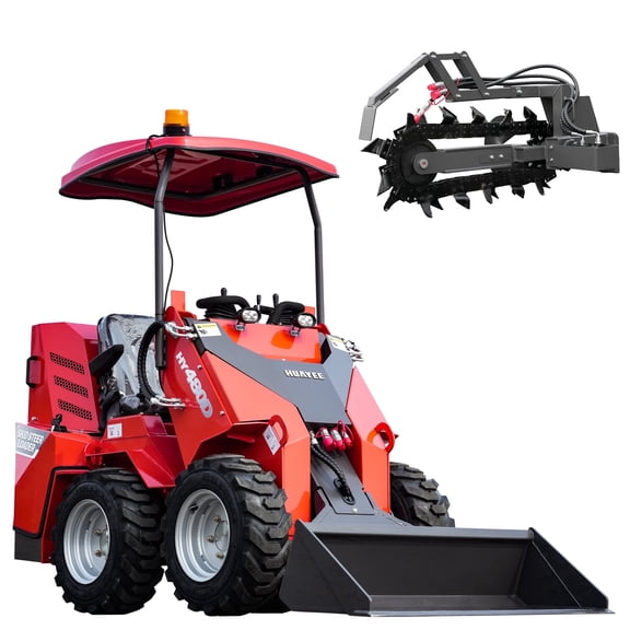HUAYEE HY480D Mini Skid Steer Loader 23HP V-Twin Gas Engine - Wheeled, Sit-Down, Triple Pump Triple Valve - w/ Trencher Attachment & Delivery/Unloading Included