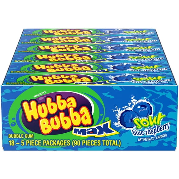 HUBBA BUBBA SOUR BLUE RASPBERRY BUBBLE GUM 1.41 OZ PER PACK 18COUNT VALUE BOX EXTRA-SOUR FRUITY CHEWING GUM WITH LONG-LASTING FLAVOR