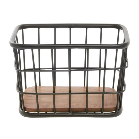 HUBERT® Black Iron and Brown Mango Wood Display Basket - 12"L x 8"W x 8"H
