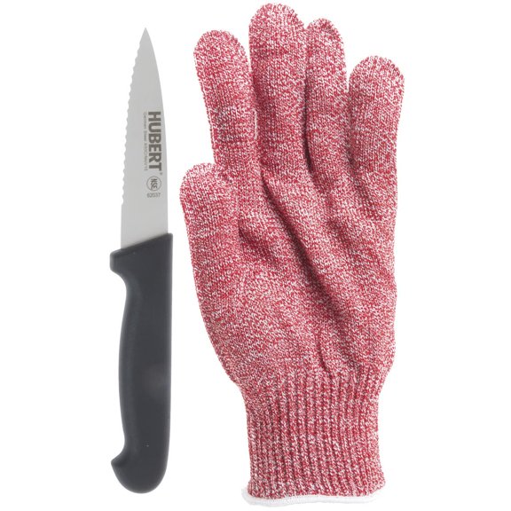 HUBERT Bundle Deal! Purchase HUBERT  Essentials Pro Max Red Dyneema Serrated Cut Resistant Glove - Large and Receive a Free Serrated Paring Knife with a Soft Grip Handle 3 1/2"L Blade