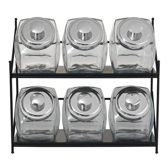 HUBERT Glass Jar Display Rack, Black Metal with Six 1/2 gal Clear Glass Jars - 16 3/4"W x 7"D x 15"H