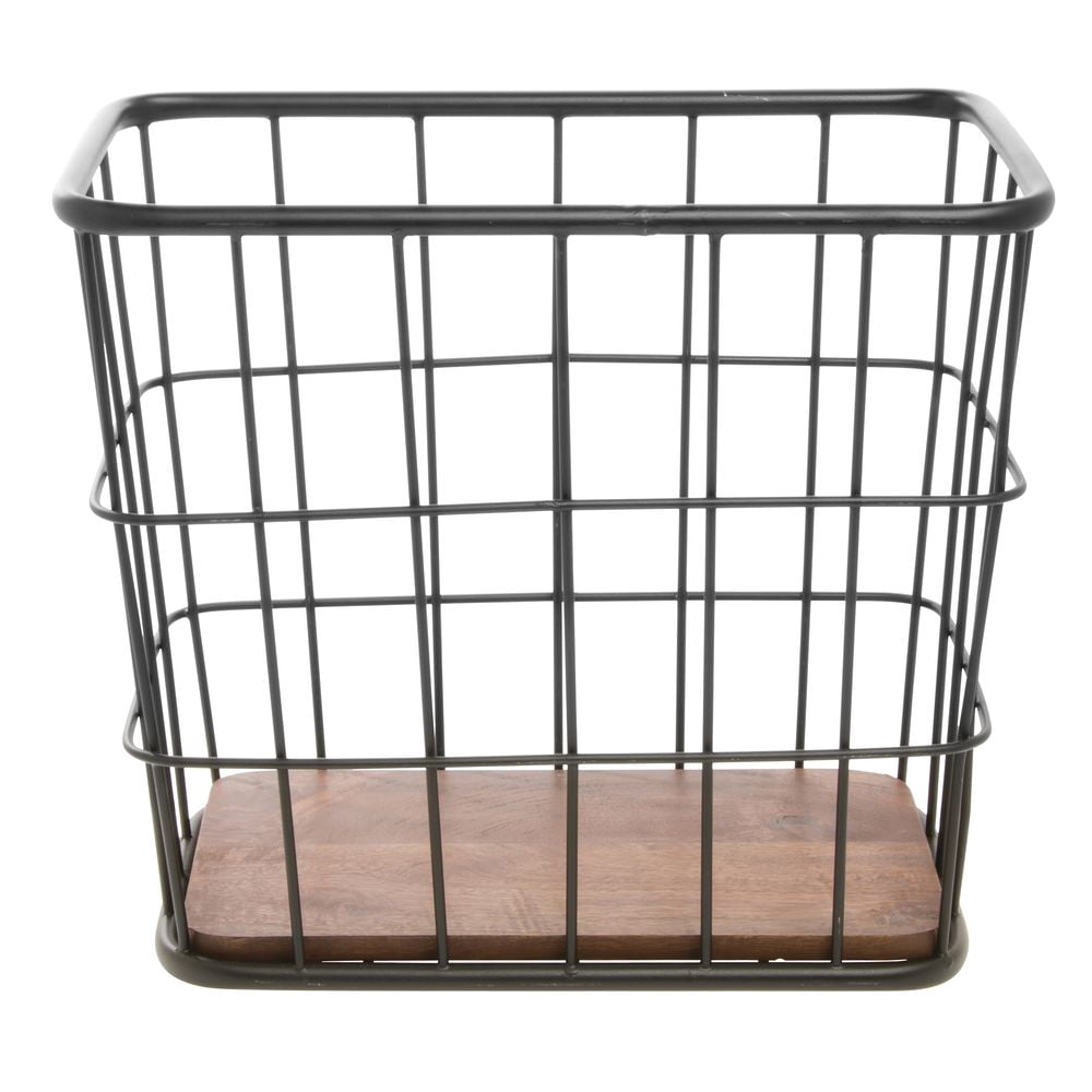 HUBERT Metal Basket with Wooden Bottom Black - 16"L x 10"W x 14"H