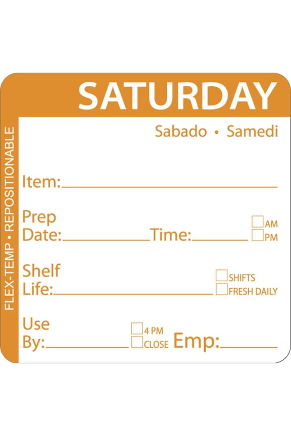 Saturday Labels Orange Flex-Temp Repositional Day of The Week Saturday - 2" Square