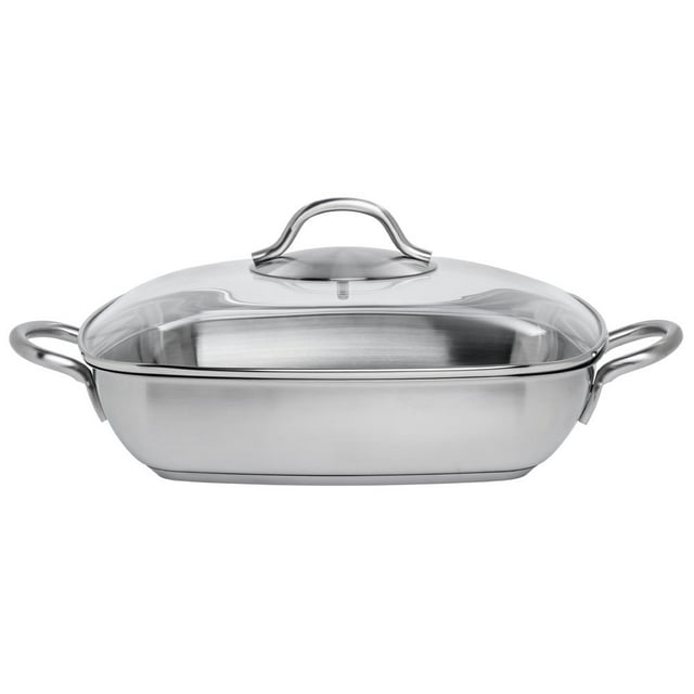 HUBERT Single-Ply Square Satin Stainless Steel Pan with Glass Lid - 11"L x 11"W x 2 2/5"H