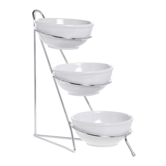 HUBERT® Small 3-Tier White Bowl and Silver Wire Display Stand - 8"L x 15"W x 19 1/2"H