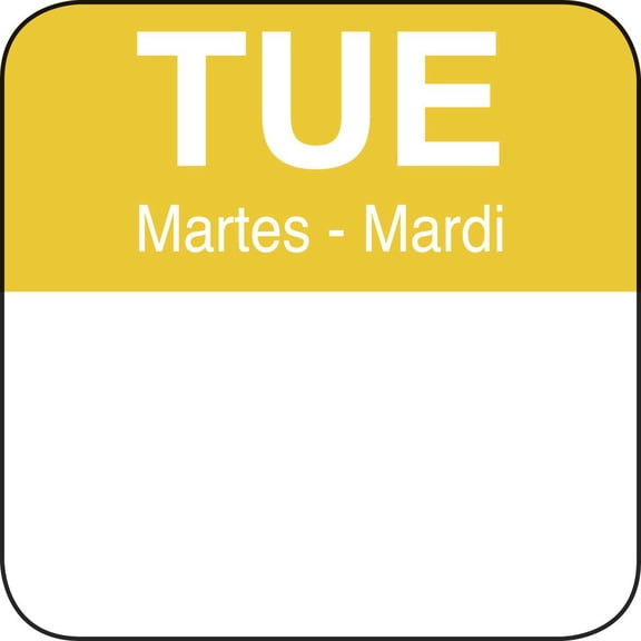 HUBERT® Tuesday Label Day of The Week Label Yellow/White Tri-Lingual - 1" Square 1000 Per Roll