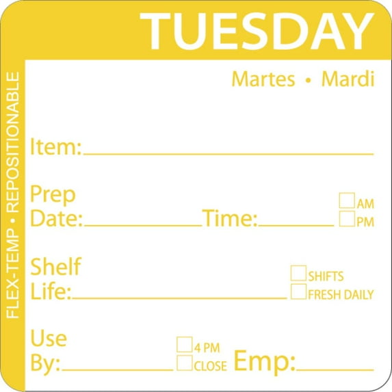 HUBERT® Tuesday Labels Yellow Flex-Temp Repositional Day of The Week Labels Tuesday - 2" Square