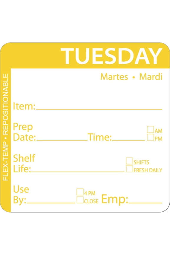 Tuesday Labels Yellow Flex-Temp Repositional Day of The Week Labels Tuesday - 2" Square