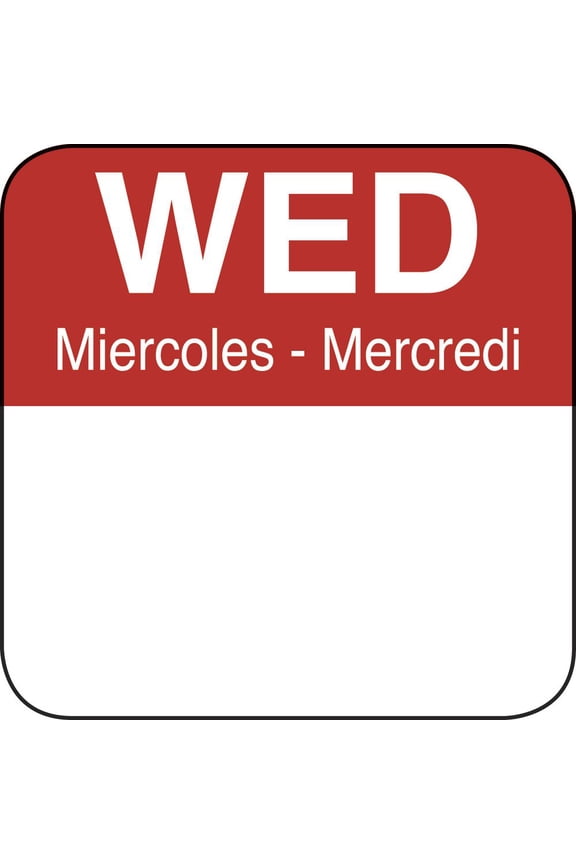 Wednesday Day of The Week Labels Red/White Tri-Lingual - 1" Square 1000 Per Roll