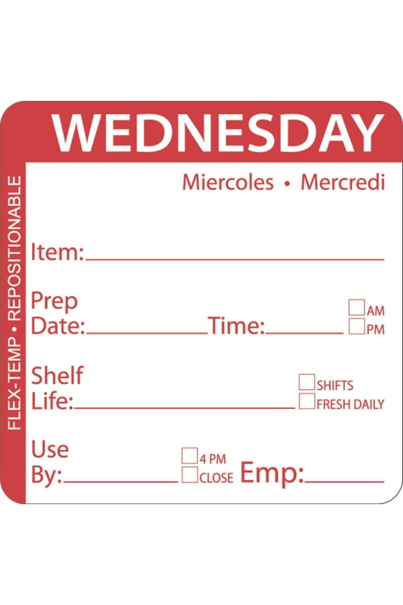 Wednesday Labels Red Flex-Temp Repositional Day of The Week Labels Wednesday - 2" Square