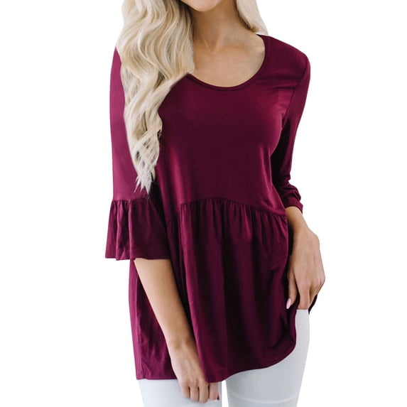 HUBERY Women 3/4 Ruffled Sleeve U Neck Solid Color Pleated Spliced Top