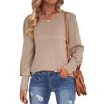 thumbnail image 1 of HUBERY Women Button Cuff Ruffled Long Sleeve Crew Neck Solid Color Shirt, 1 of 7