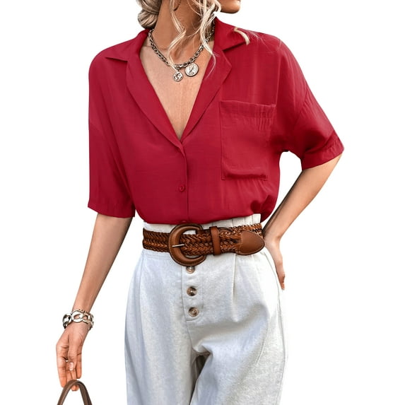 HUBERY Women Button Down Lapel V Neck Solid Color Pocket Half Sleeve Blouse