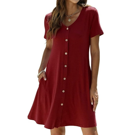 HUBERY Women Button Down V Neck Short Sleeve Pockets Solid Color Midi Dress