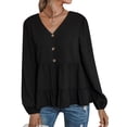 thumbnail image 1 of HUBERY Women Button Tiered Ruffle Hem V Neck Long Sleeve Solid Color Top, 1 of 7