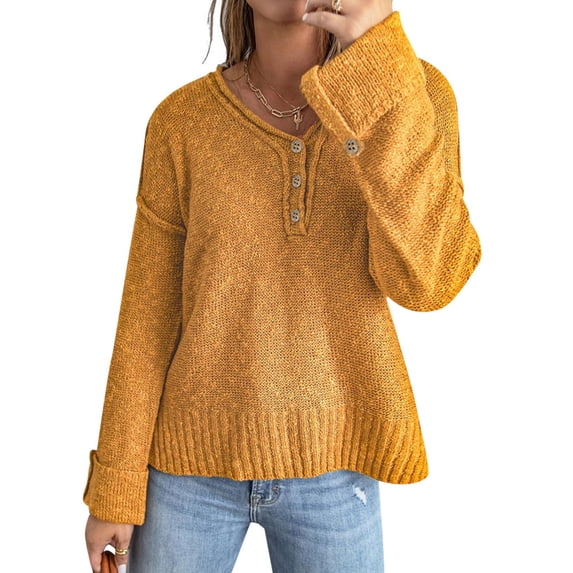 HUBERY Women Button Up V Neck Spliced Long Sleeve Ribbed Solid Color Knitted Top